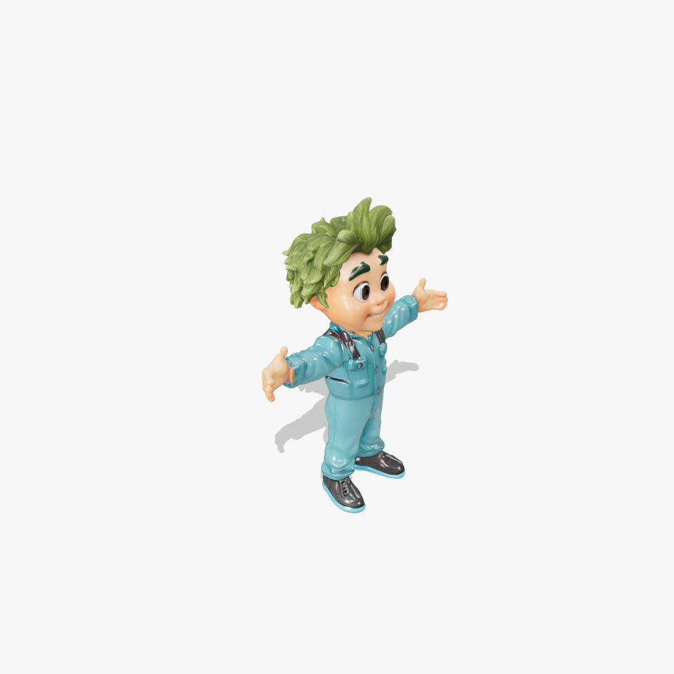 Playful GreenHaired Kid Character in Blue Jumpsuit for D Animations
